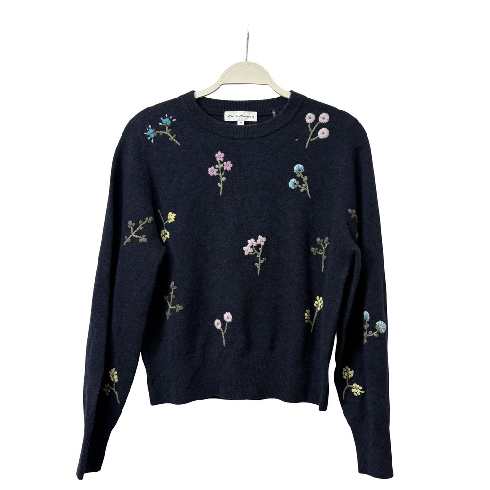 White + Warren Blue Floral Embroidery Cashmere Sweater Size M